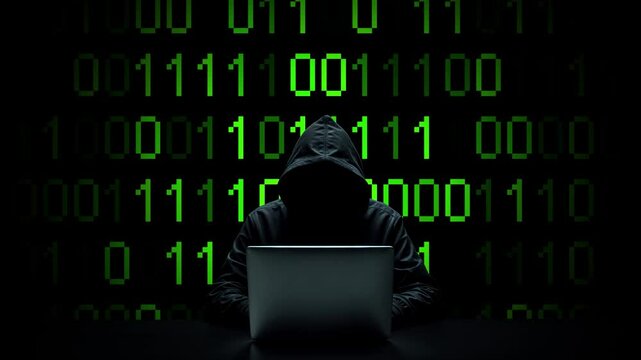 Hacker working on laptop on abstract digital background