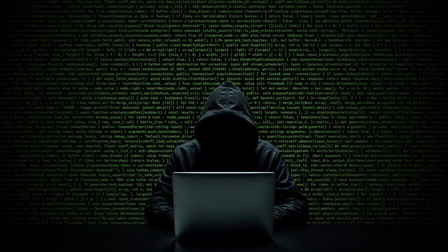 Hacker working on laptop on abstract digital background