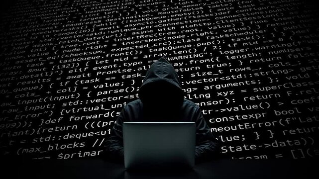 Hacker working on laptop on abstract digital background