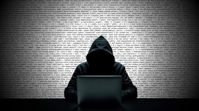 Hacker working on laptop on abstract digital background