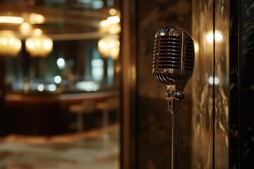 A vintage microphone stands elegantly in a stylish bar setting, suggesting live performances.