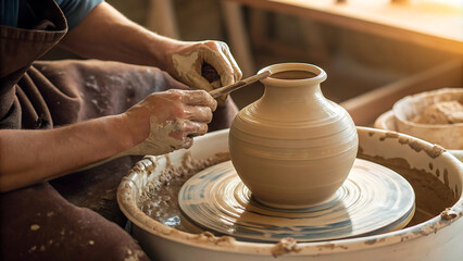 A potter shapes a decorative clay vase by hand in a warm workshop. The detailed carvings and natural light create an artistic and serene atmosphere.

