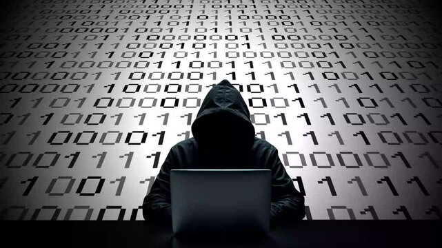 Hacker working on laptop on abstract digital background