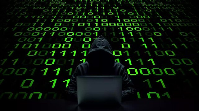 Hacker working on laptop on abstract digital background