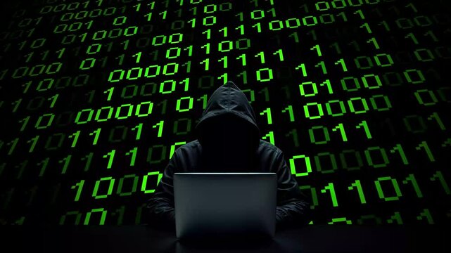 Hacker working on laptop on abstract digital background
