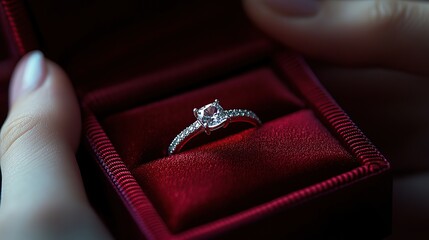 Delicate diamond ring in a maroon velvet box, held gently in hands.