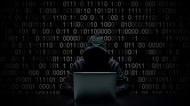 Hacker working on laptop on abstract digital background