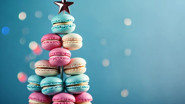 Christmas tree made of colorful food macarons with silver star and bokeh lights blue and pink color with copy space