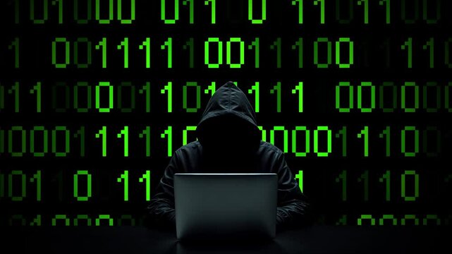 Hacker working on laptop on abstract digital background