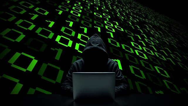 Hacker working on laptop on abstract digital background