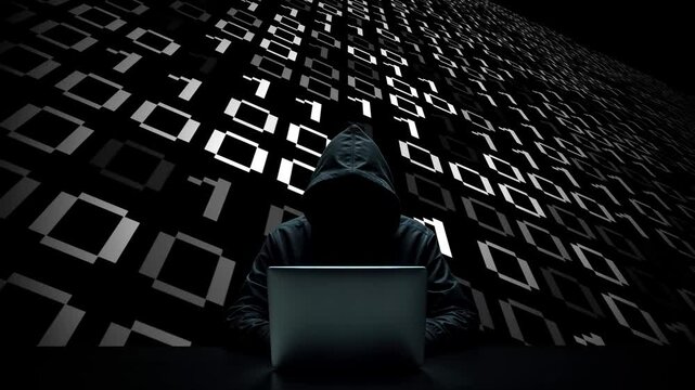 Hacker working on laptop on abstract digital background