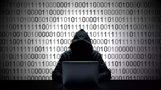 Hacker working on laptop on abstract digital background