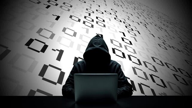 Hacker working on laptop on abstract digital background