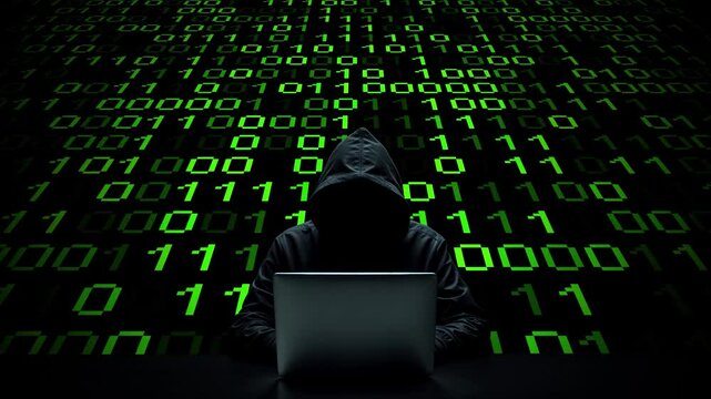 Hacker working on laptop on abstract digital background