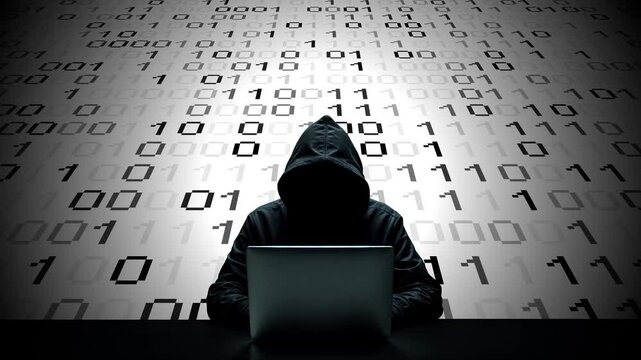 Hacker working on laptop on abstract digital background