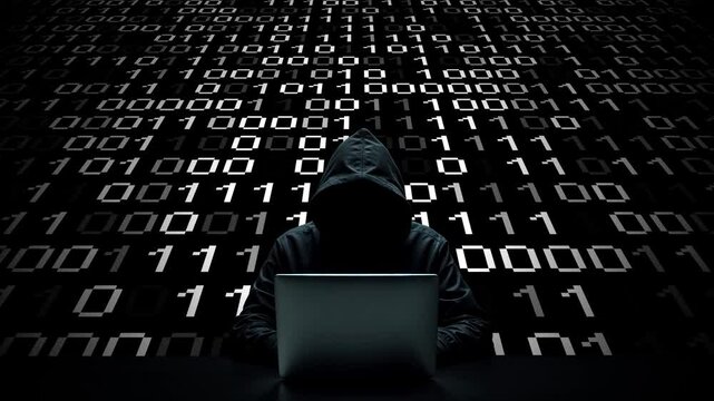 Hacker working on laptop on abstract digital background