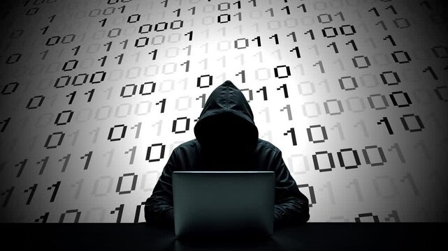 Hacker working on laptop on abstract digital background