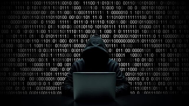 Hacker working on laptop on abstract digital background