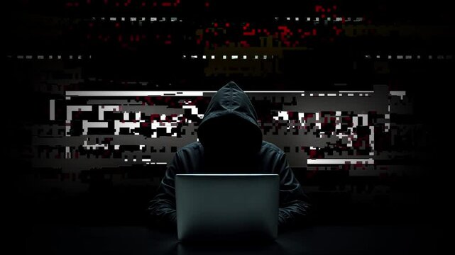 Hacker working on laptop on abstract digital background