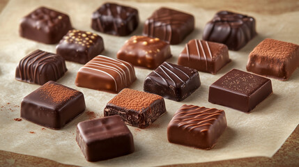 Obraz premium Assortment of handcrafted chocolate squares displayed on parchment paper, featuring diverse textures and patterns for a delectable treat