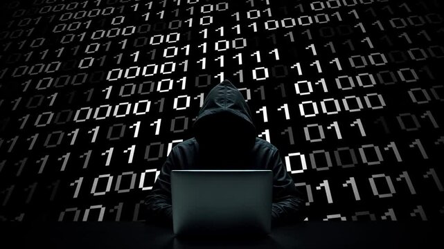 Hacker working on laptop on abstract digital background