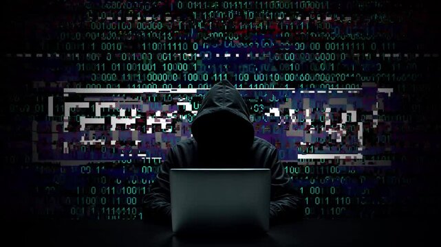 Hacker working on laptop on abstract digital background