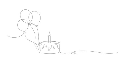 Continuous line drawing of birthday cake with candle and balloons. Birthday cake one line drawing in single line art style. Doodle sketch concept isolated on white background. Vector Illustration
