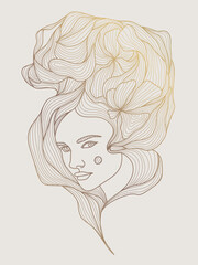 Vector woman logo face, art deco line beauty illustration. Golden hair fashion, spa care, cosmetic icon. Luxury feminine print