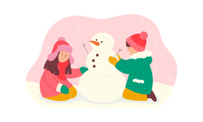 Children building snowman. Winter children's activity