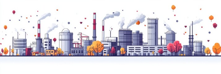 Industrial factory in autumn landscape with colorful foliage