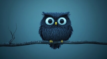 Fototapeta premium A fluffy cartoon owl perched on a branch at night