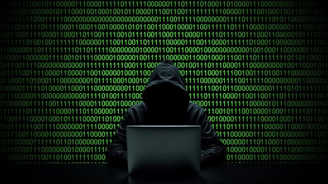 Hacker working on laptop on abstract digital background