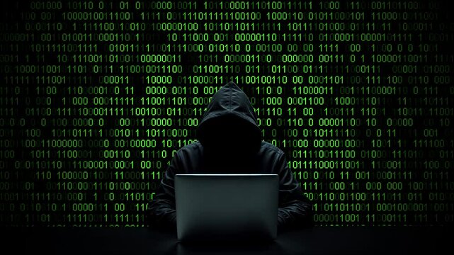 Hacker working on laptop on abstract digital background