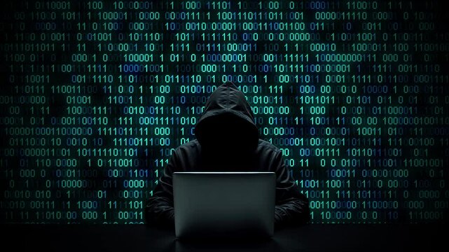 Hacker working on laptop on abstract digital background