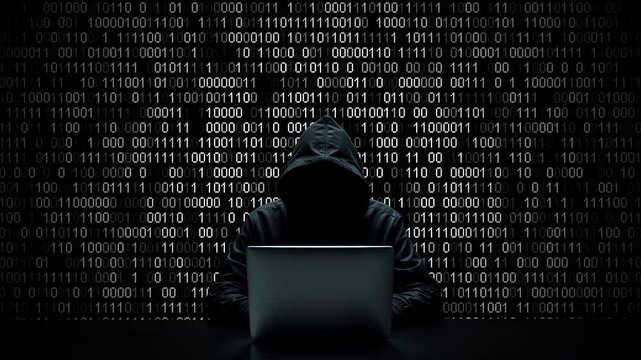 Hacker working on laptop on abstract digital background