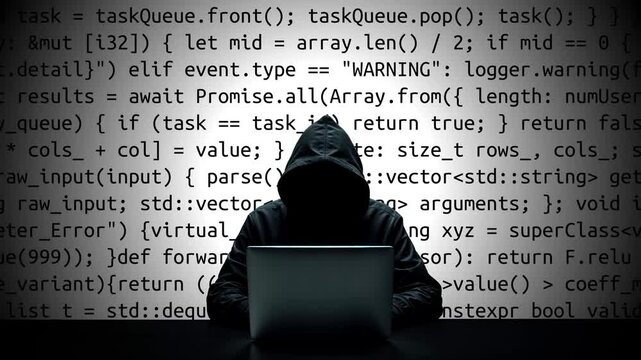 Hacker working on laptop on abstract digital background