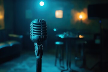 A vintage microphone in a dimly lit venue, suggesting a live performance atmosphere.