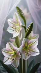 Fototapeta premium Beautiful Amaryllis flowers with translucent petals showcasing iridescent hues, creating a surreal and magical ambiance, cool spectrum amaryllis flowers. Created with generative AI
