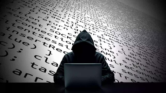 Hacker working on laptop on abstract digital background