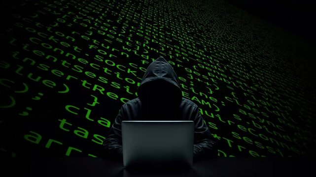 Hacker working on laptop on abstract digital background
