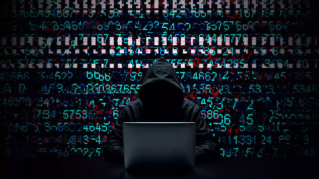 Hacker working on laptop on abstract digital background