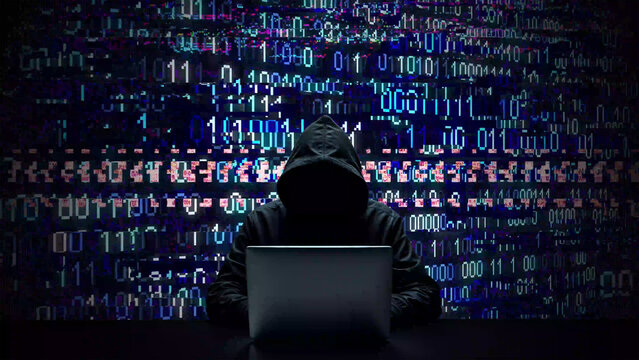 Hacker working on laptop on abstract digital background