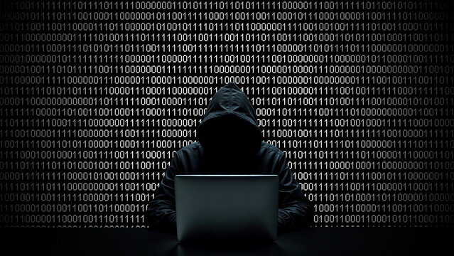 Hacker working on laptop on abstract digital background