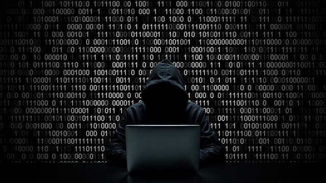 Hacker working on laptop on abstract digital background