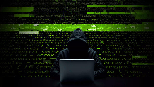 Hacker working on laptop on abstract digital background