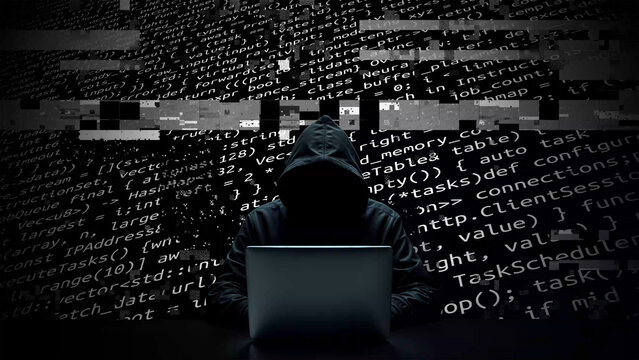Hacker working on laptop on abstract digital background