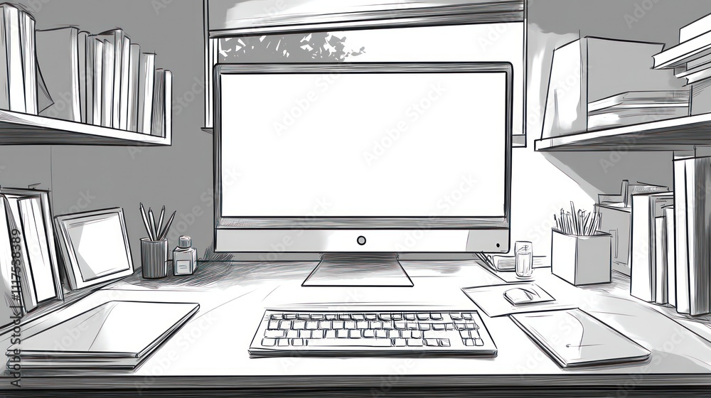 Poster modern desk workspace featuring computer and bookshelves