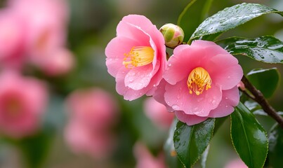 Fototapeta premium Beautiful camellia flowers in vibrant pattern on soft background, Generative AI
