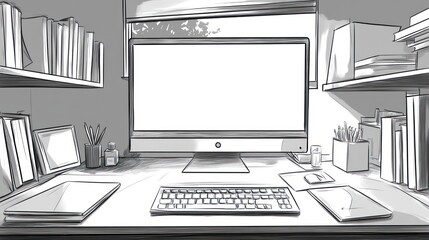 Modern Desk Workspace Featuring Computer and Bookshelves
