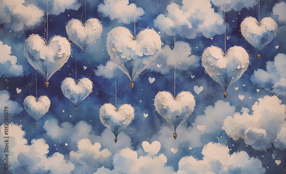 Poster painting of clouds with many white hearts hanging from them. the hearts are scattered throughout the